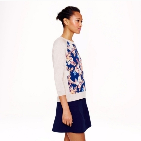 J Crew Merino Wool Floral Silk Panel 3/4 Sleeve Lightweight Sweater Top - Size M - Picture 2 of 14